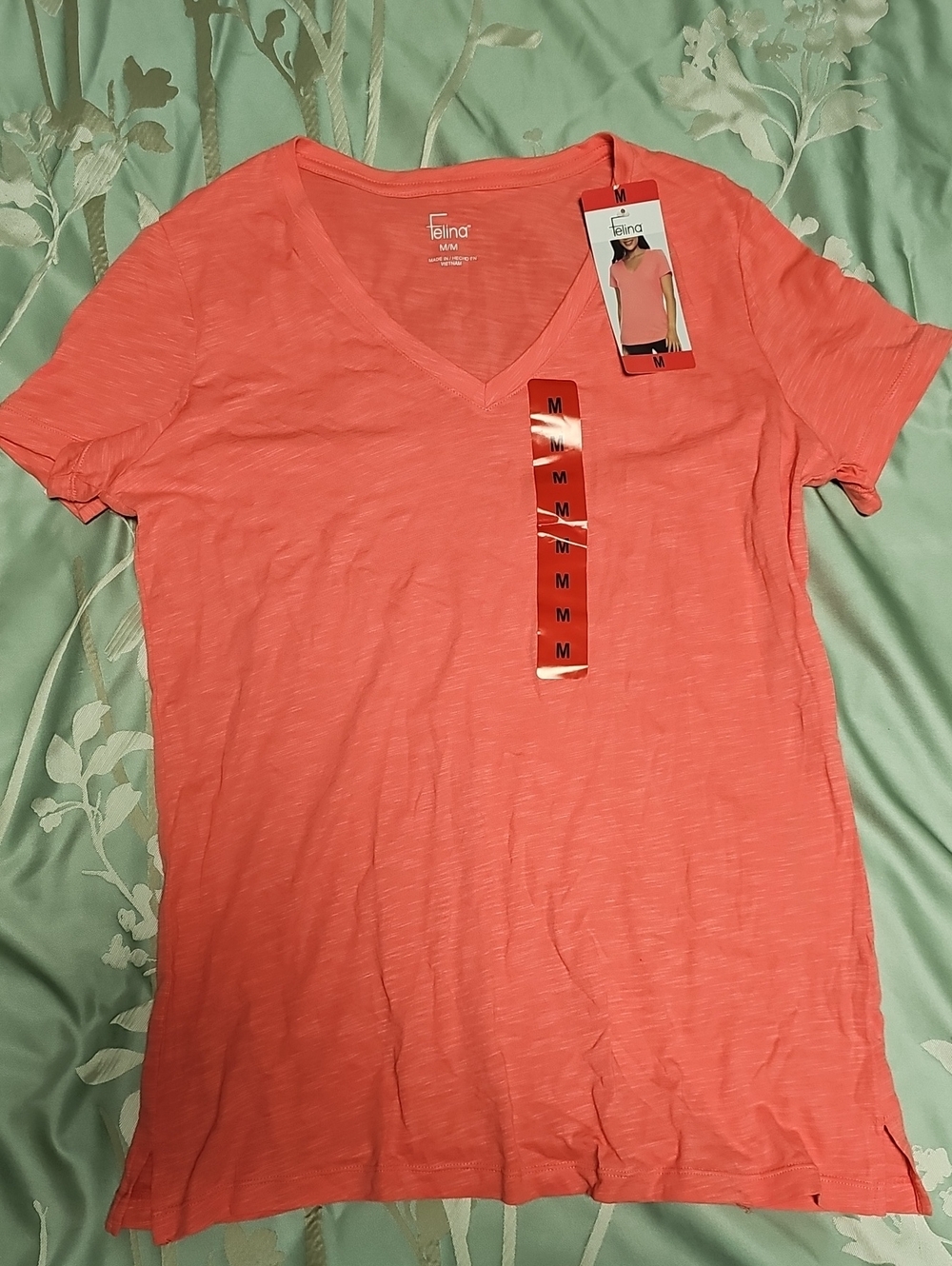 Italina Coral V-Neck Short Sleeve Tee - Peachy Coral